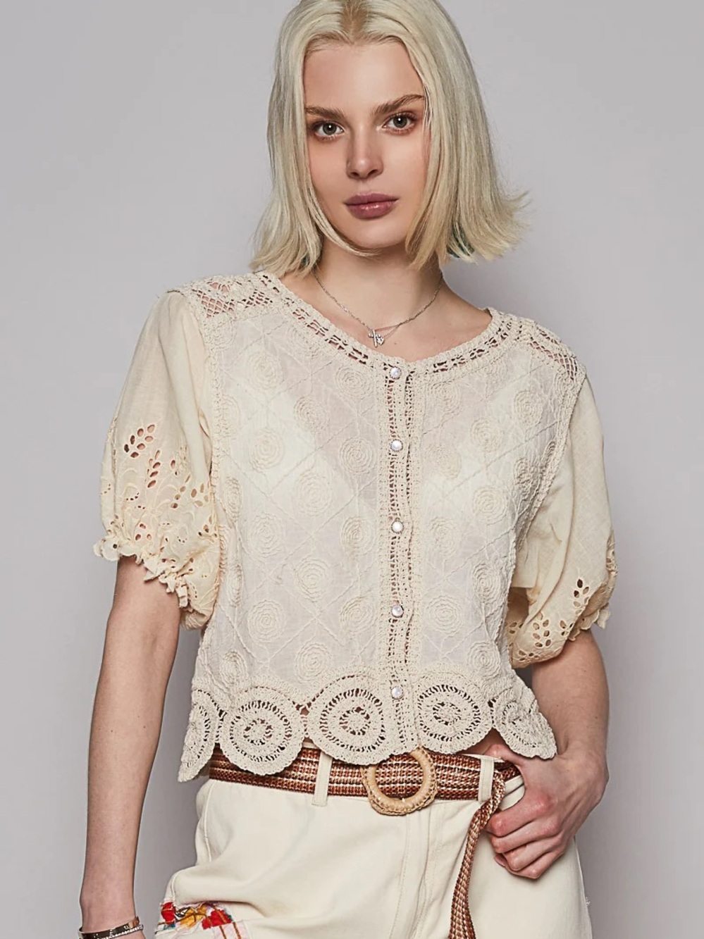 POL Beige Crochet Lace Short-Sleeve Blouse